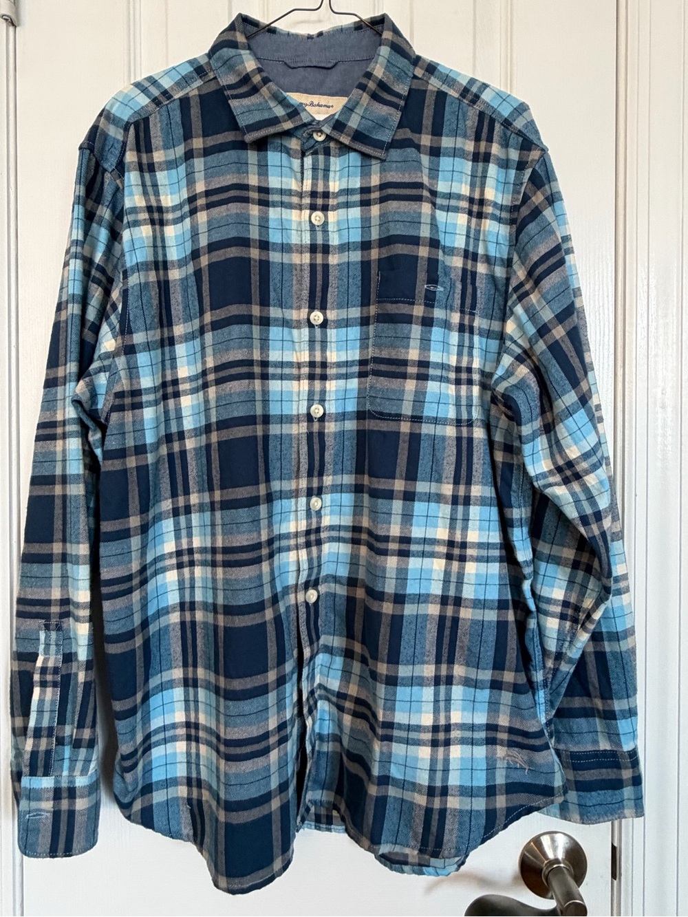 Tommy Bahama Blue Plaid Flannel Button Down Shirt Men's Size L